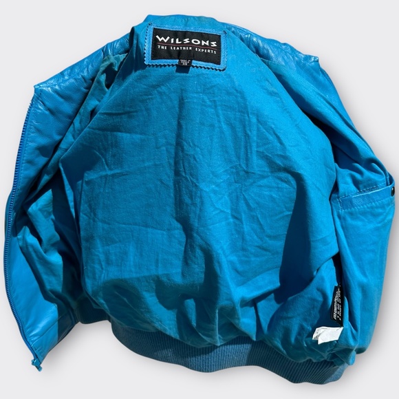 WILSONS LEATHER Varsity Bomber Jacket Genuine Leather Wool Sleeve Blue Cream XS - Picture 5 of 12
